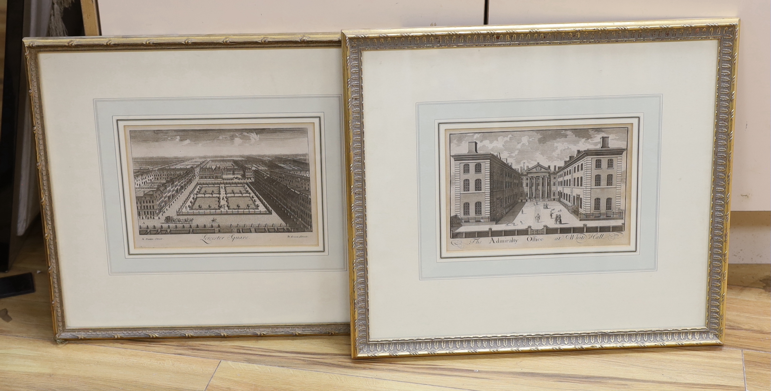 18th century, pair of etchings, ‘ Leicester Square’ & ‘The Admiralty Office at White Hall’, each 18 x 29cm